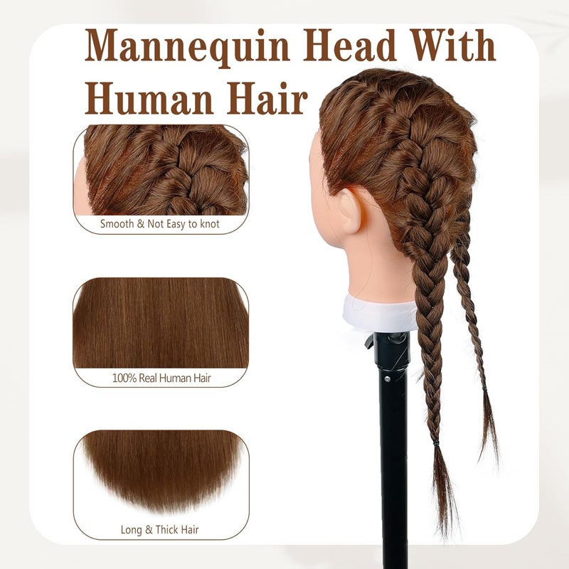 Opini Mannequin Head with 100% Real Human Hair 20-22" Cosmetology Mannequin Head to Practice Hairstyles Bleaching Training Learning Head for Hairdresser With Free Clamp Holder (Brown-W25) - Image 5